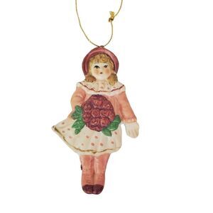 Small Victorian Girl Holding Roses Christmas‎ Tree Ornament Ceramic 4"
